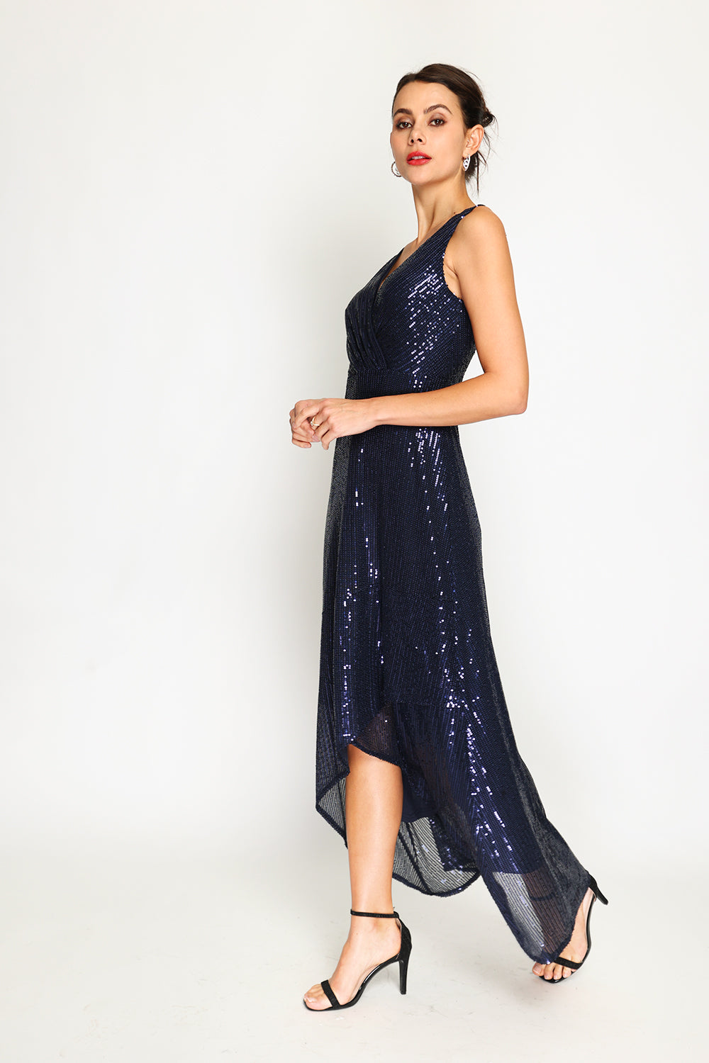 Robe longue col V croisé à paillettes – Bleu nuit – Assuili