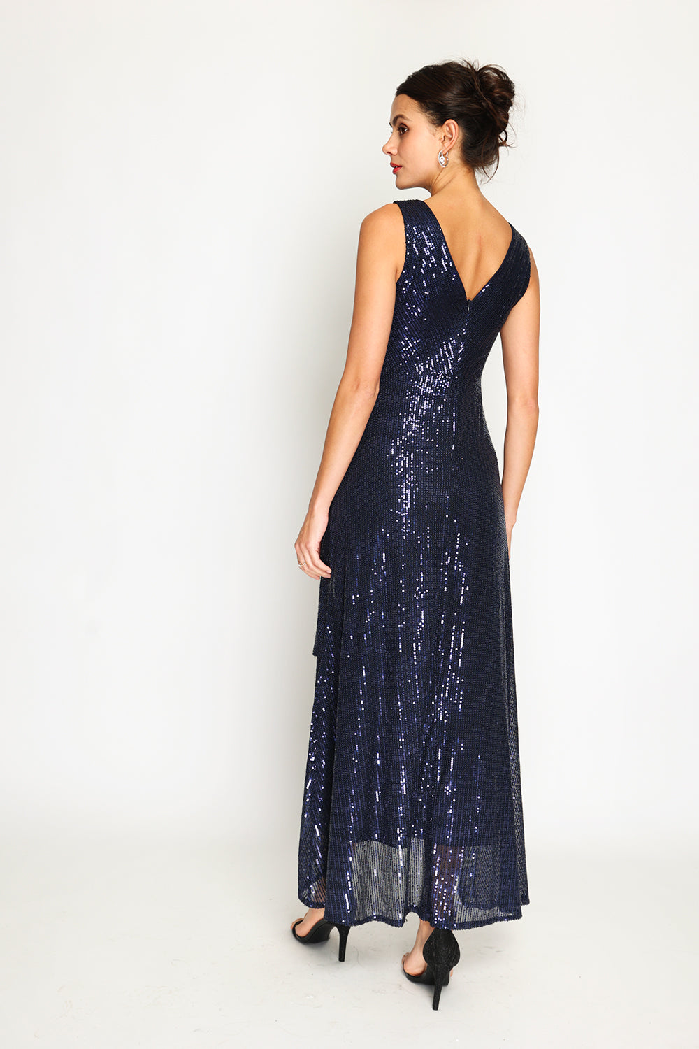 Robe longue col V croisé à paillettes – Bleu nuit – Assuili