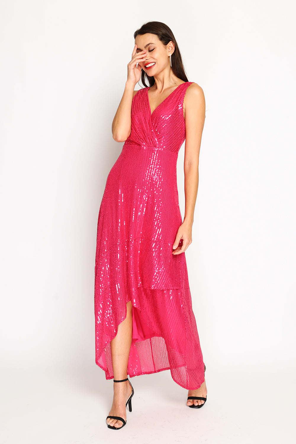 Robe longue col V croisé à paillettes – Orchidée – Assuili