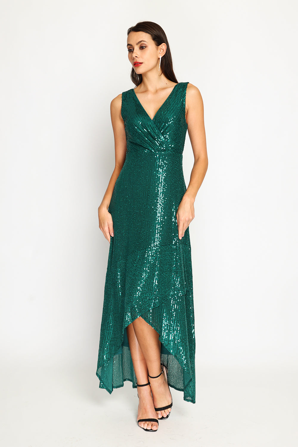Robe longue col V croisé à paillettes – Vert amazone – Assuili