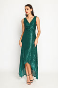 Robe longue col V croisé à paillettes – Vert amazone – Assuili
