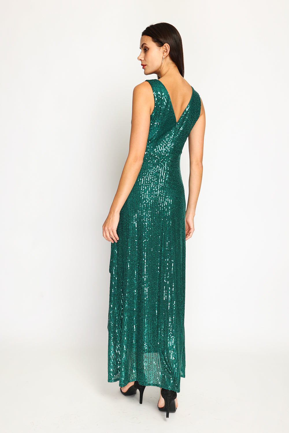 Robe longue col V croisé à paillettes – Vert amazone – Assuili