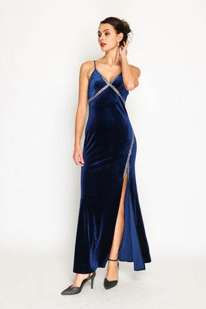 Velvet spaghetti strap high slit evening dress with rhinestones