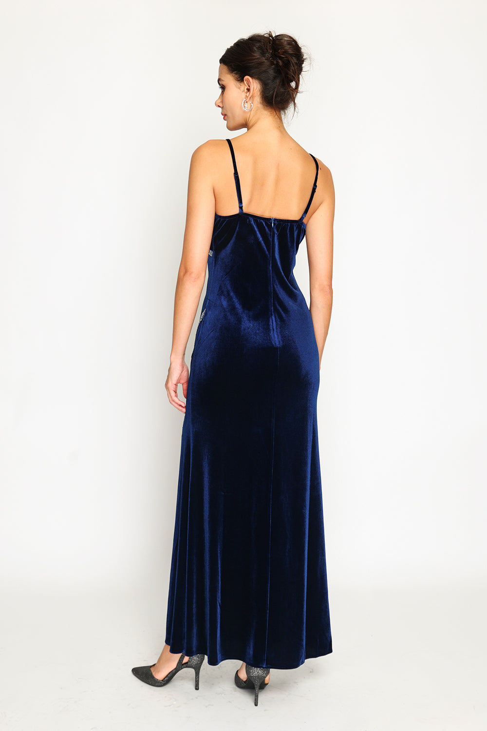 Velvet spaghetti strap high slit evening dress with rhinestones