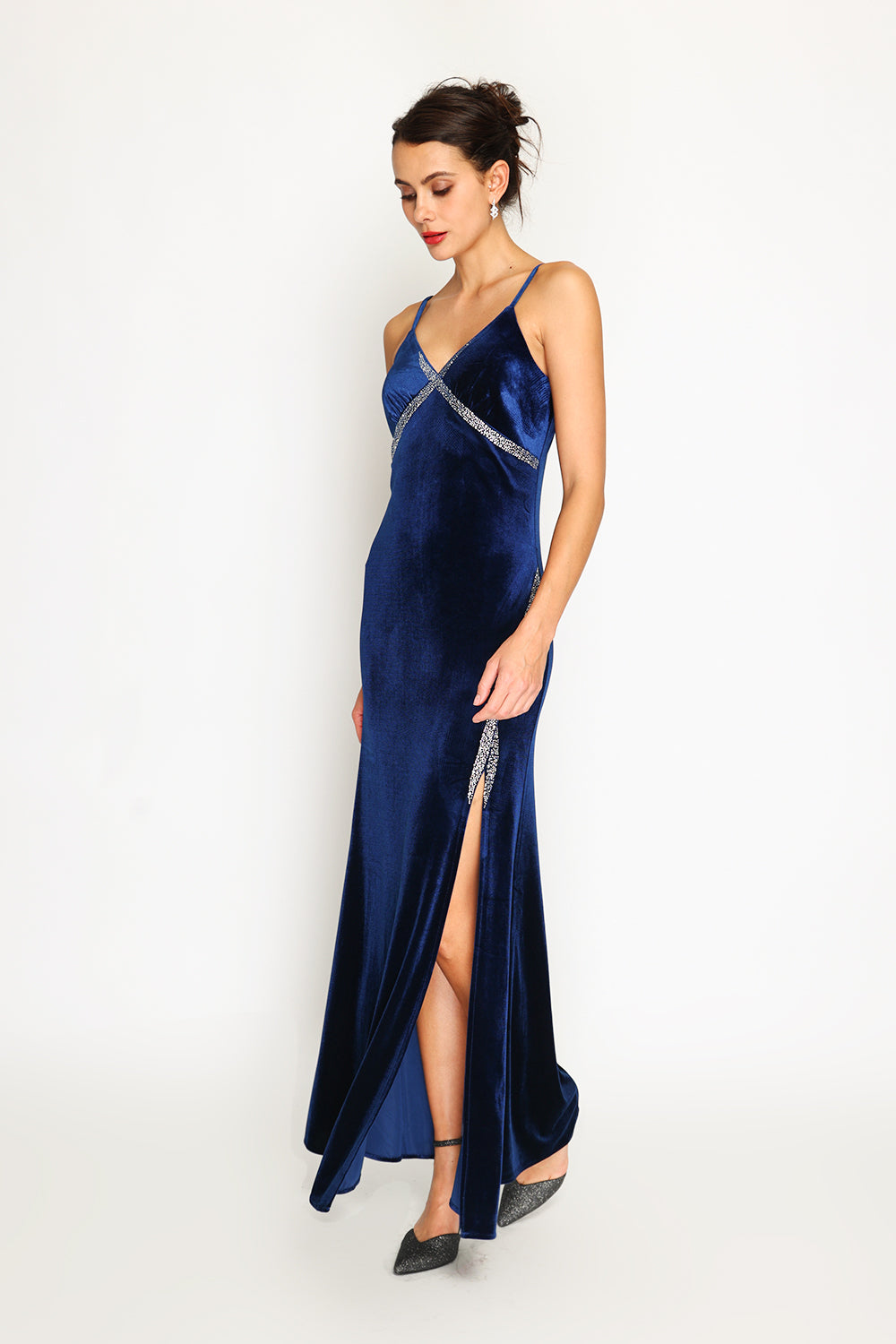 Velvet spaghetti strap high slit evening dress with rhinestones