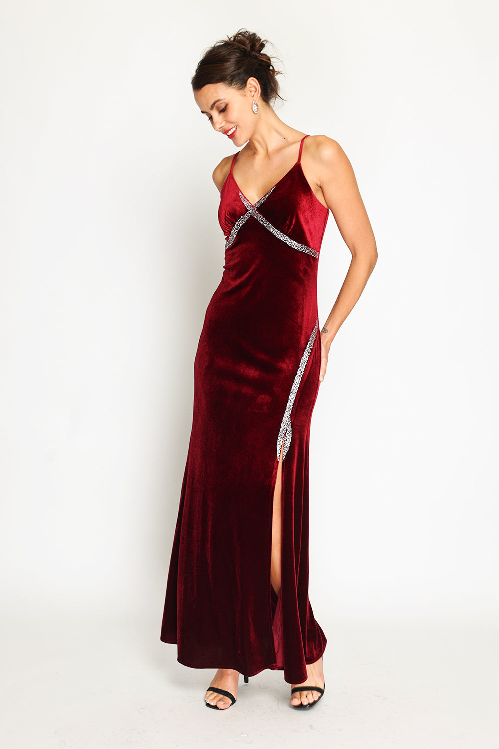 Velvet spaghetti strap high slit evening dress with rhinestones