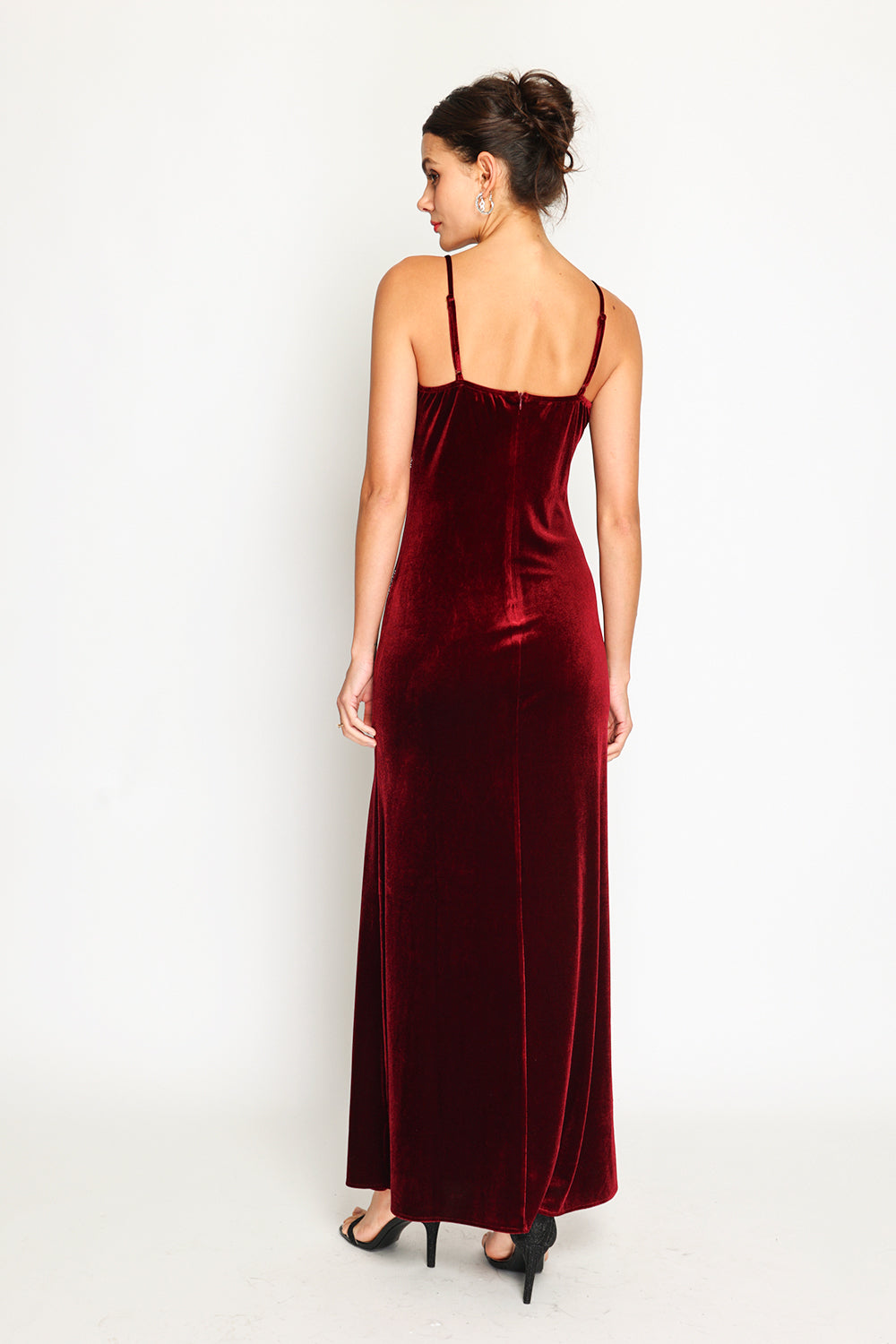 Velvet spaghetti strap high slit evening dress with rhinestones