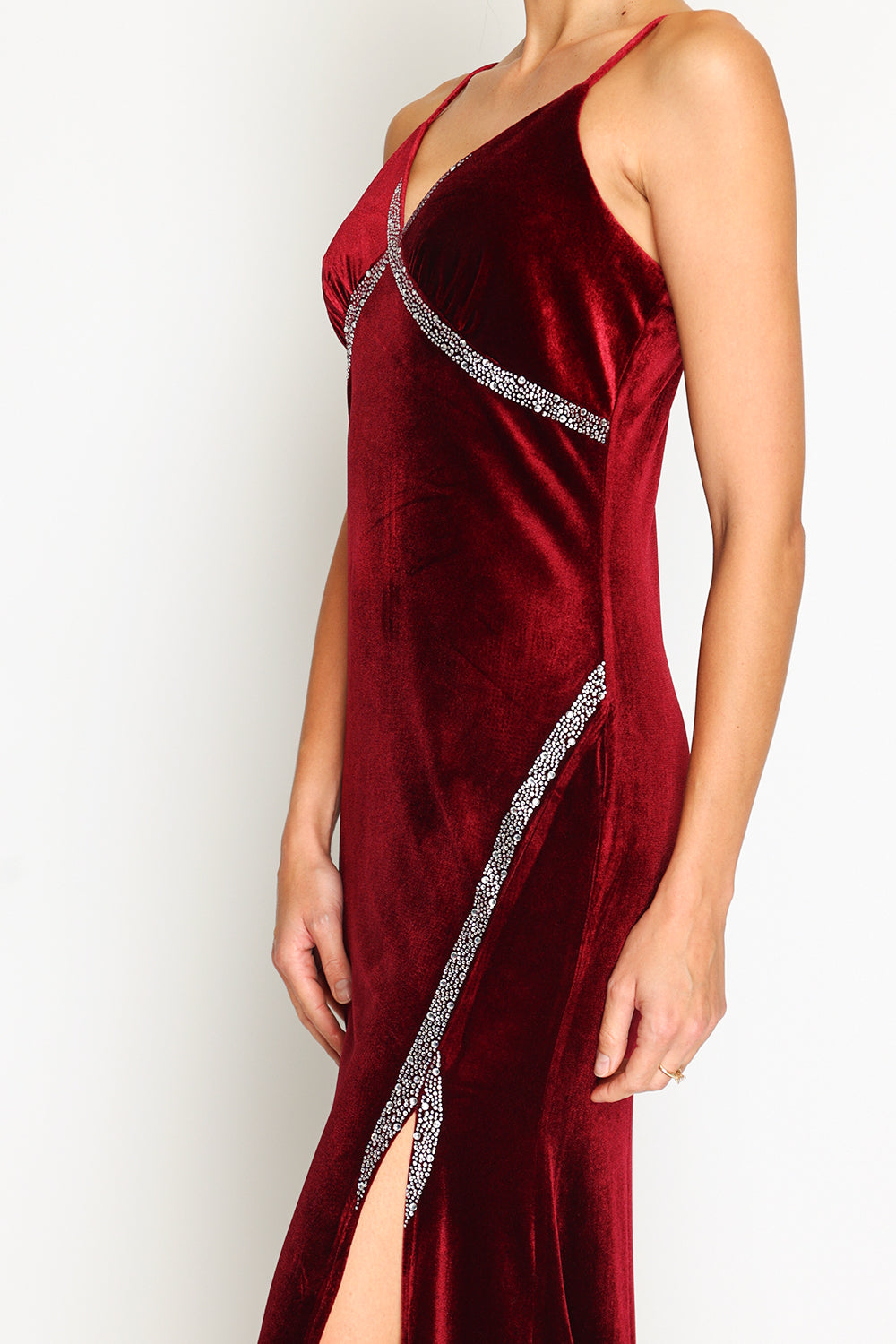 Velvet spaghetti strap high slit evening dress with rhinestones