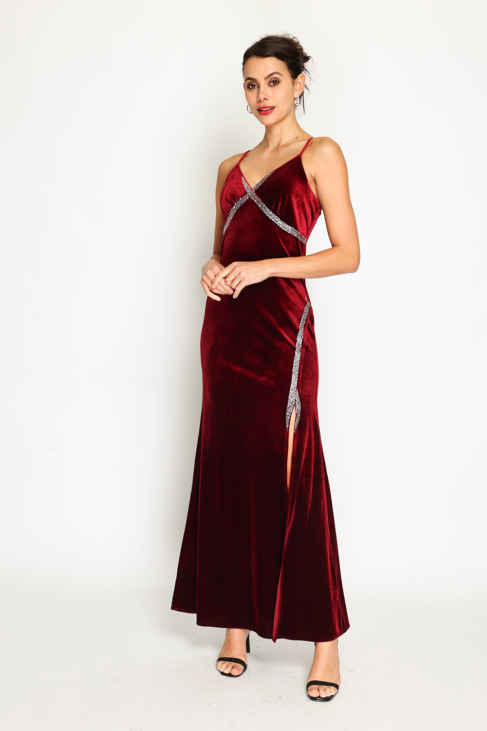 Velvet spaghetti strap high slit evening dress with rhinestones