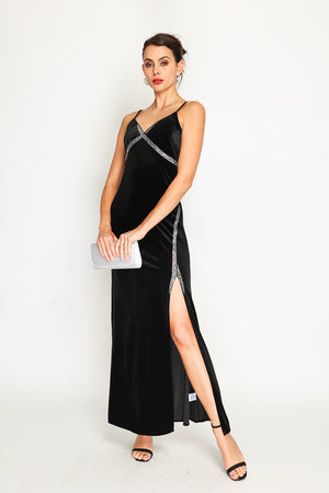 Velvet spaghetti strap high slit evening dress with rhinestones