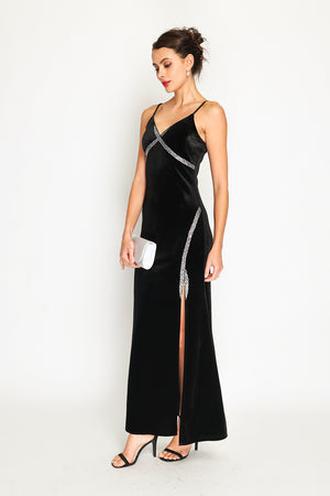 Velvet spaghetti strap high slit evening dress with rhinestones