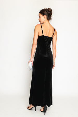 Velvet spaghetti strap high slit evening dress with rhinestones