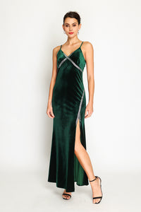 Velvet spaghetti strap high slit evening dress with rhinestones