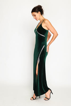 Velvet spaghetti strap high slit evening dress with rhinestones