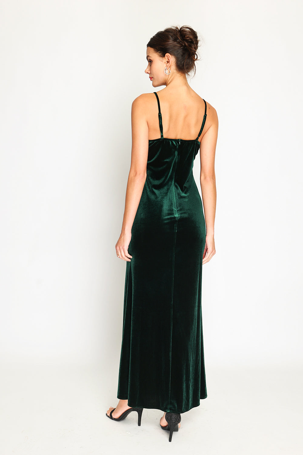 Velvet spaghetti strap high slit evening dress with rhinestones