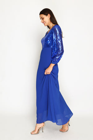 V-neck trapeze dress with slightly balloon-length sleeves with sequins