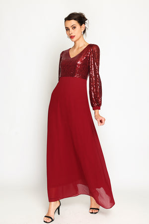 V-neck trapeze dress with slightly balloon-length sleeves with sequins