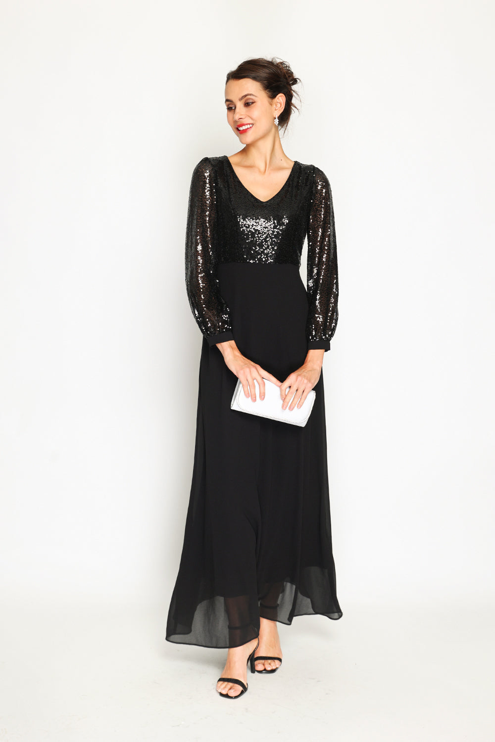 Robe trapèze col V à paillettes – Noir – Assuili