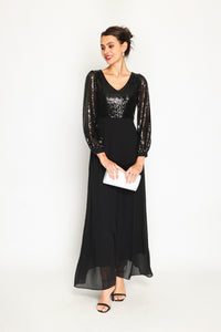 V-neck trapeze dress with slightly balloon-length sleeves with sequins