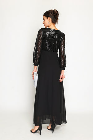 V-neck trapeze dress with slightly balloon-length sleeves with sequins