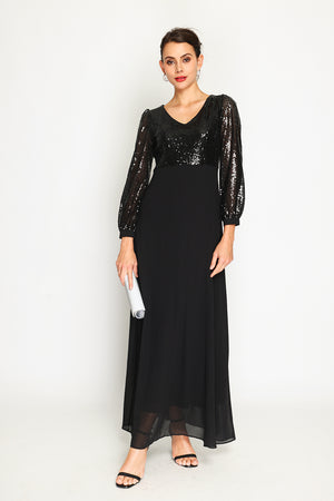 V-neck trapeze dress with slightly balloon-length sleeves with sequins