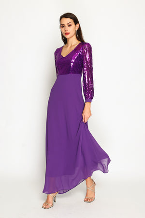 V-neck trapeze dress with slightly balloon-length sleeves with sequins