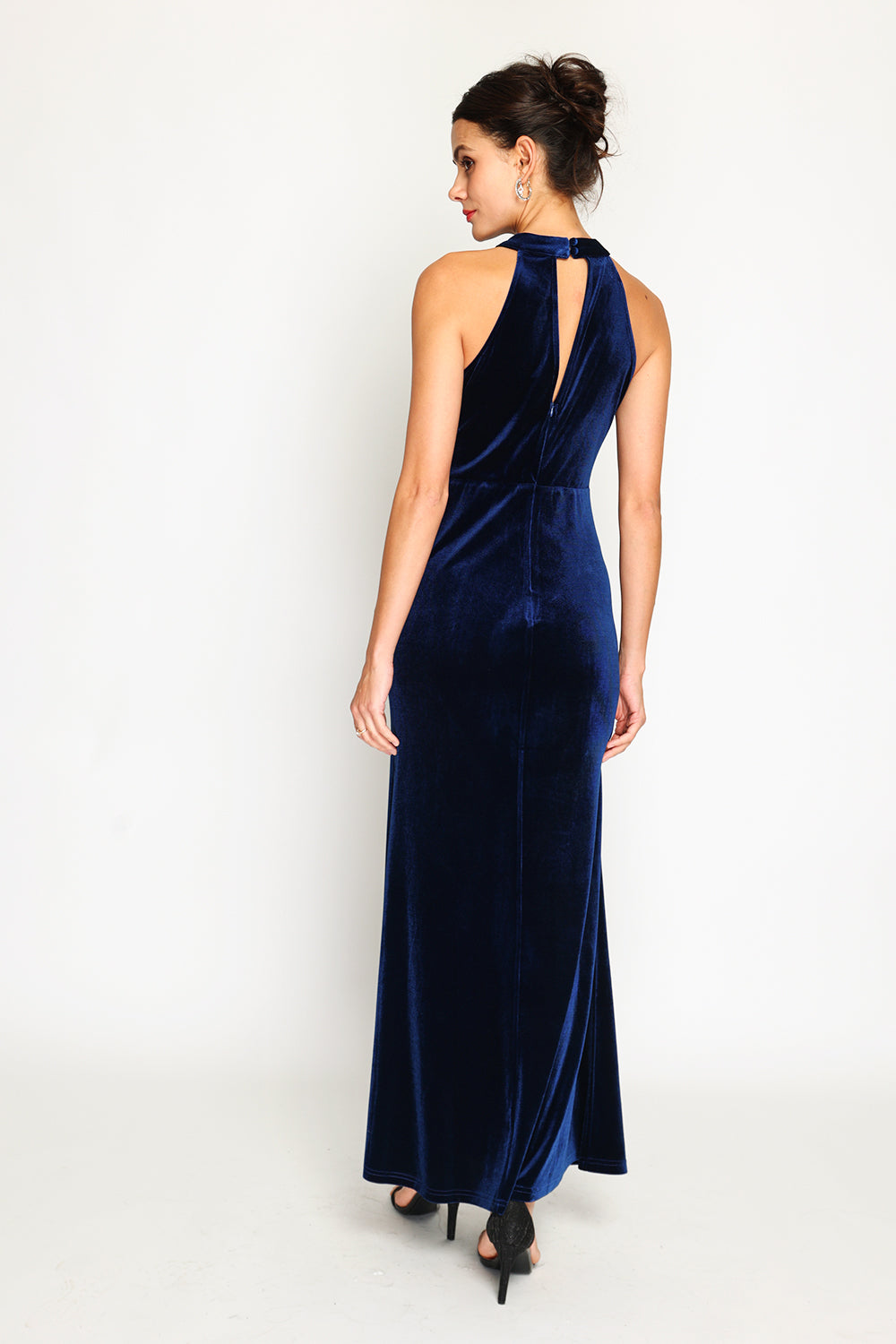 Robe longue velours fendue ceinture brillante – Bleu nuit – Assuili