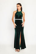 Robe longue velours fendue ceinture brillante – Vert amazone – Assuili