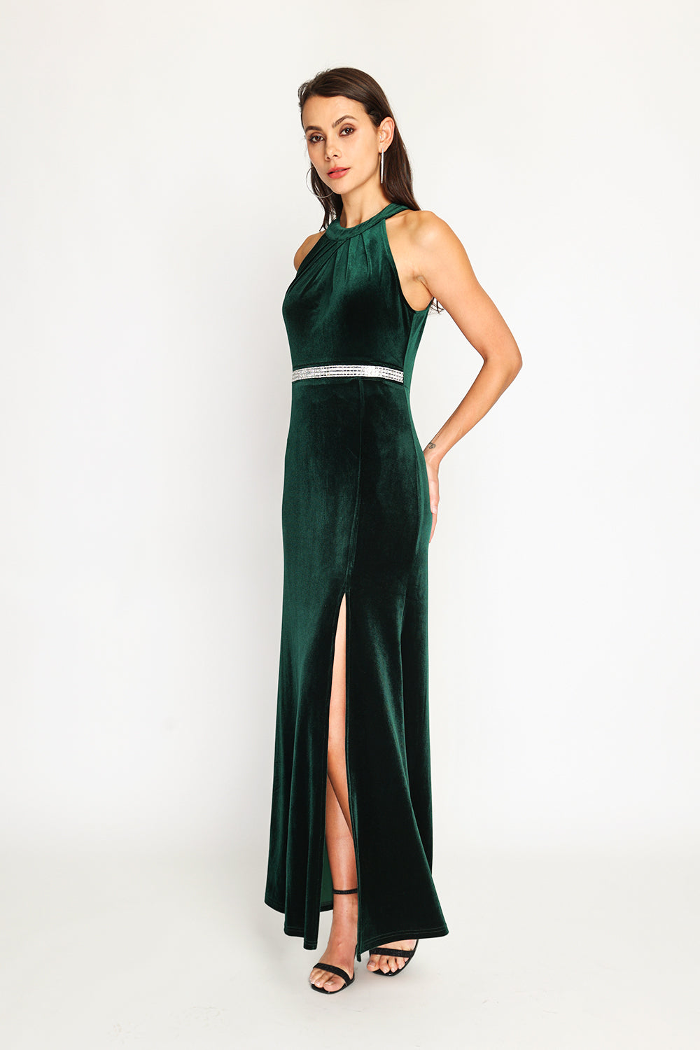 Robe longue velours fendue ceinture brillante – Vert amazone – Assuili