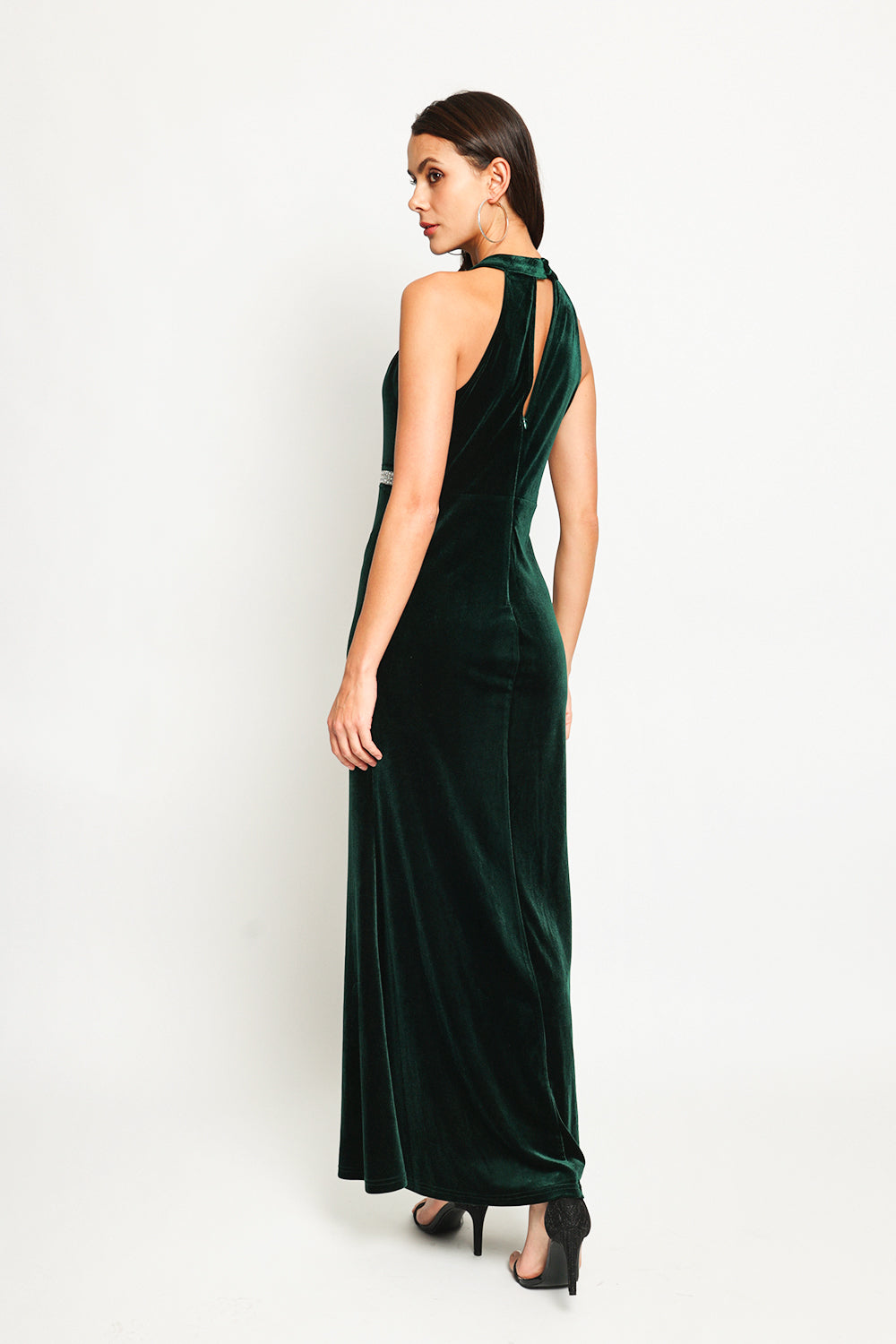 Robe longue velours fendue ceinture brillante – Vert amazone – Assuili