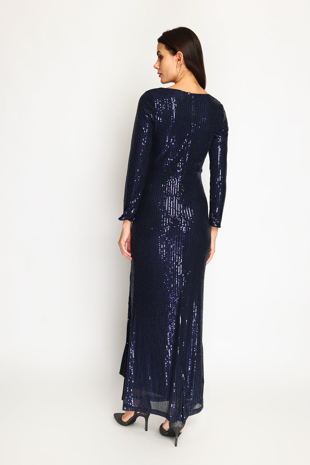 Robe longue à paillettes col V croisé fendue – Bleu nuit – Assuili