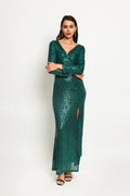 Robe longue à paillettes col V croisé fendue – Vert amazone – Assuili