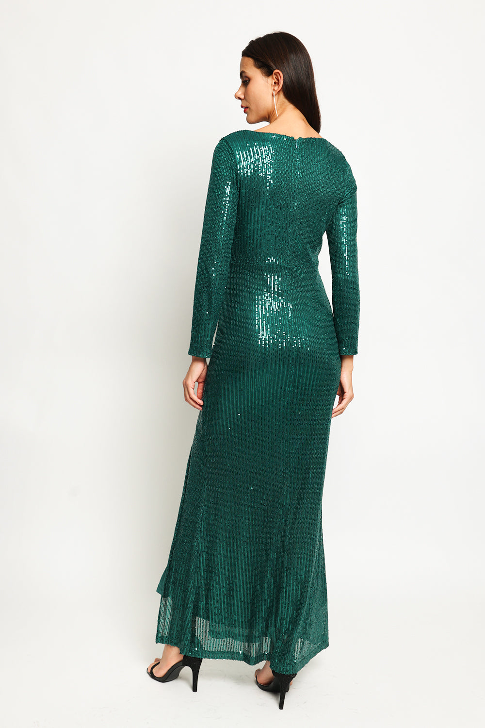 Robe longue à paillettes col V croisé fendue – Vert amazone – Assuili