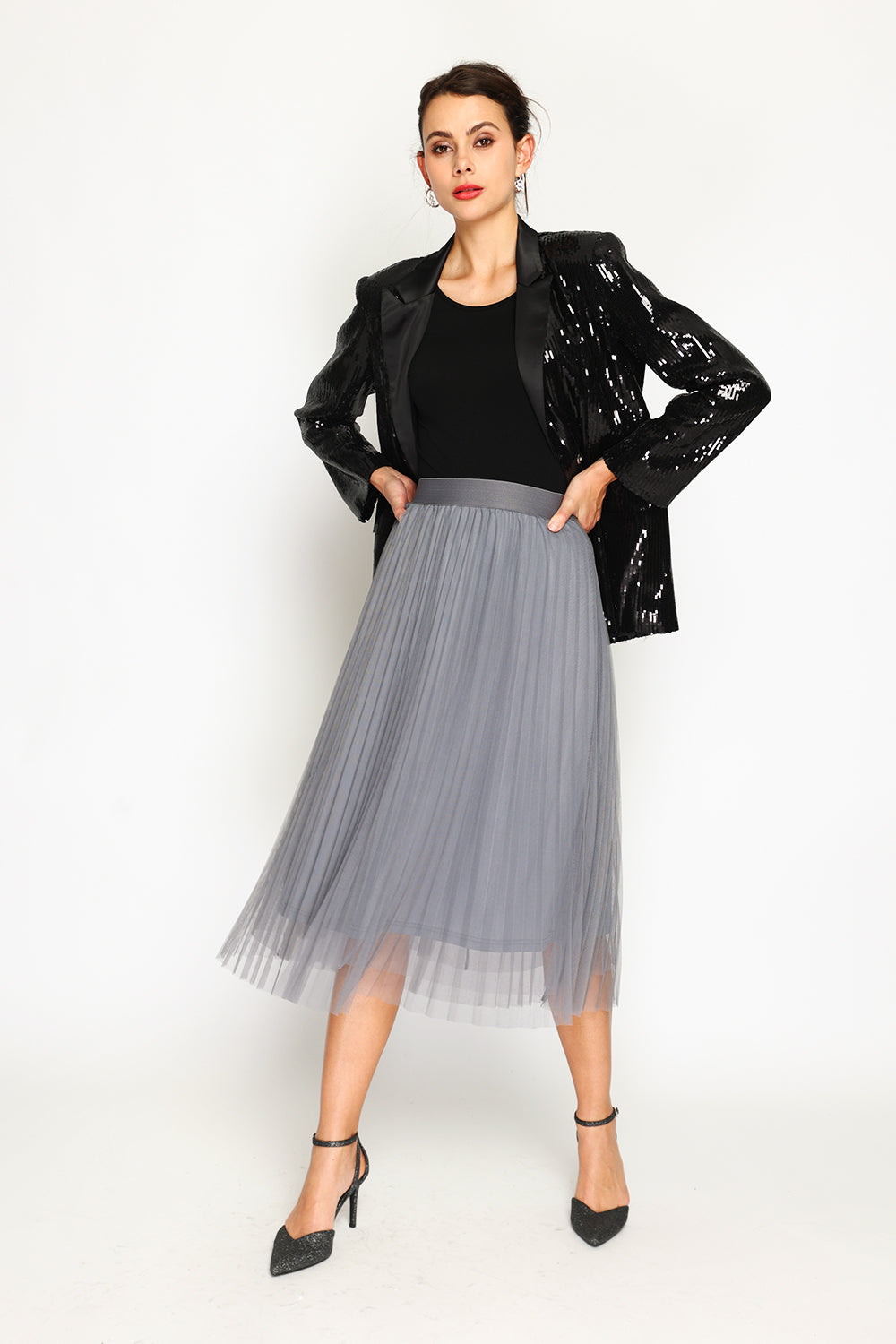 Veste cintrée à sequins poches à rabat – Noir – Assuili