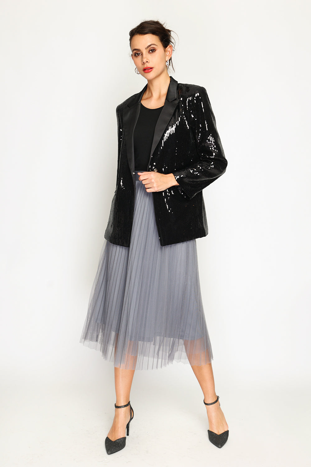 Veste cintrée à sequins poches à rabat – Noir – Assuili