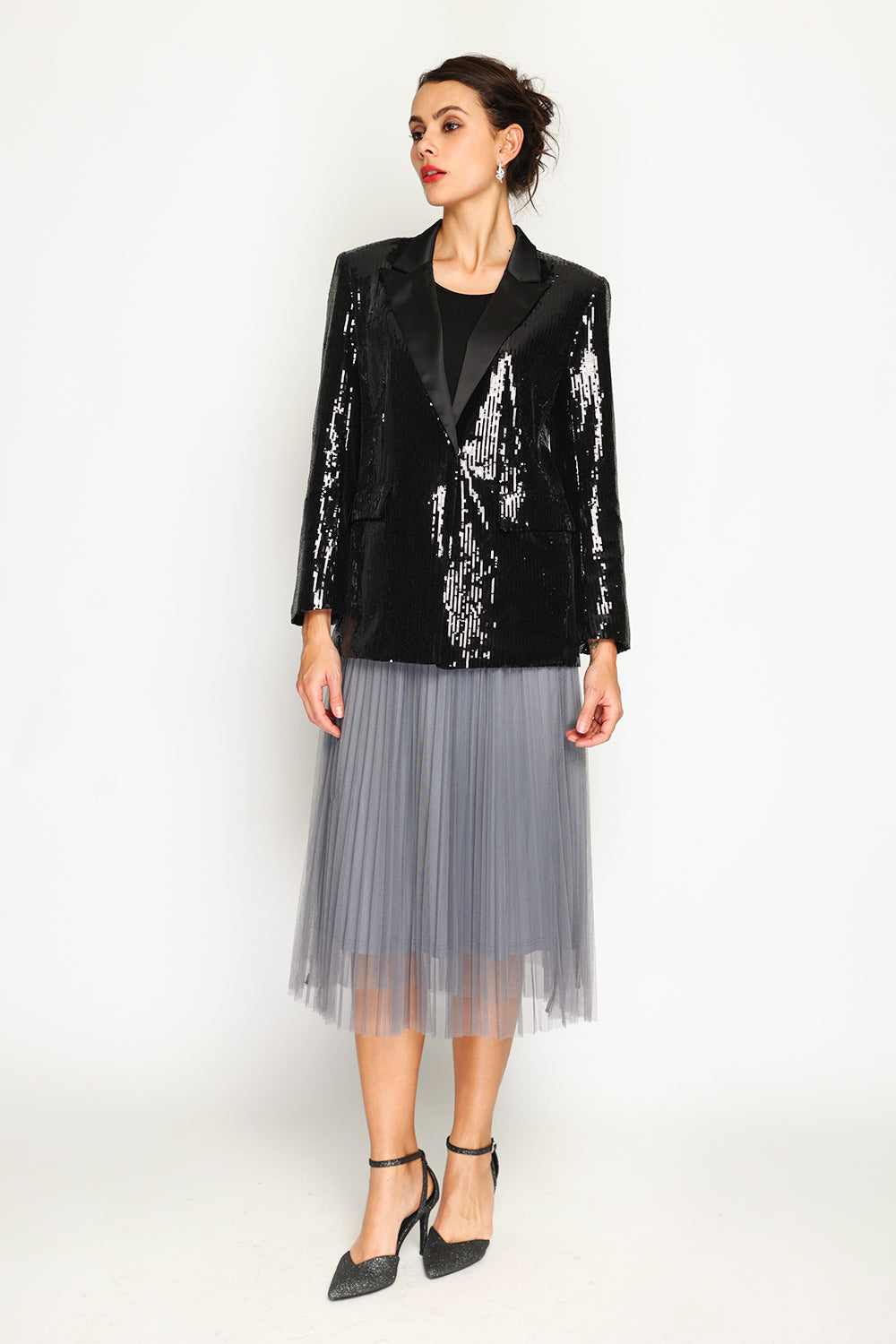 Veste cintrée à sequins poches à rabat – Noir – Assuili