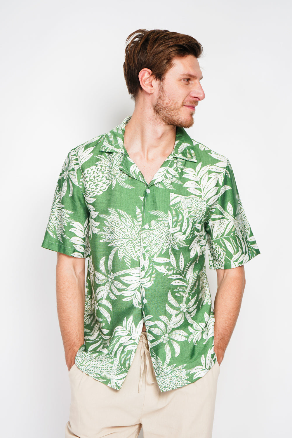 Chemise hawaïenne manches courtes boutonnée, poche poitrine – Vert menthe – Secret du Lin