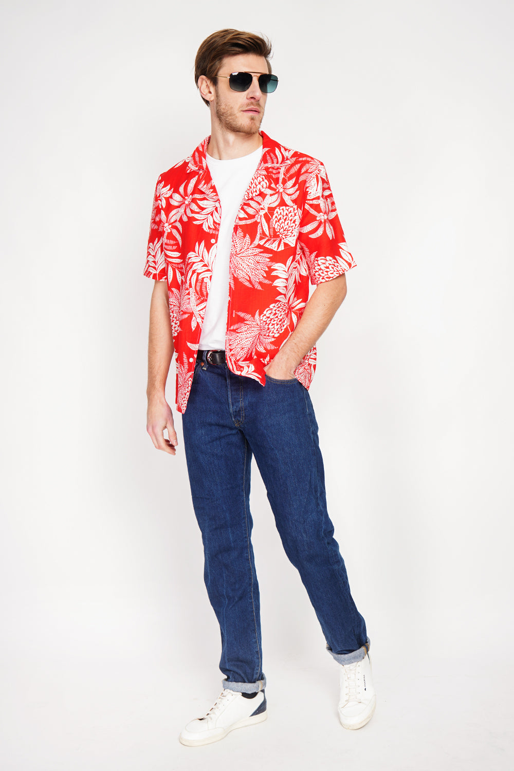 Chemise hawaïenne manches courtes boutonnée, poche poitrine – Rouge – Secret du Lin