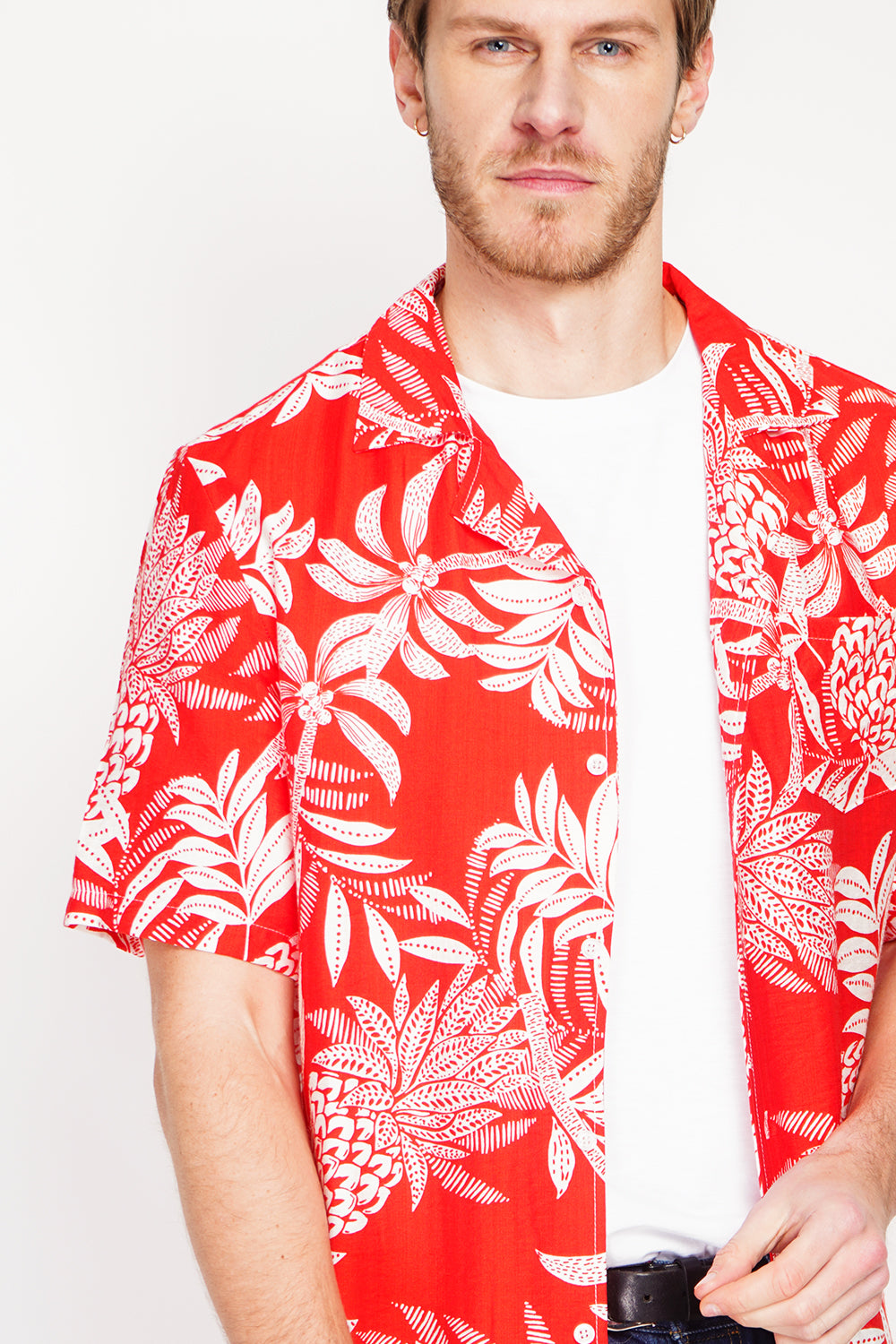 Chemise hawaïenne manches courtes boutonnée, poche poitrine – Rouge – Secret du Lin