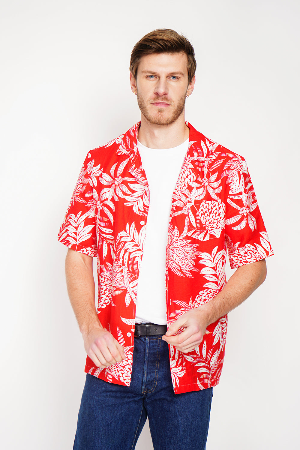 Chemise hawaïenne manches courtes boutonnée, poche poitrine – Rouge – Secret du Lin