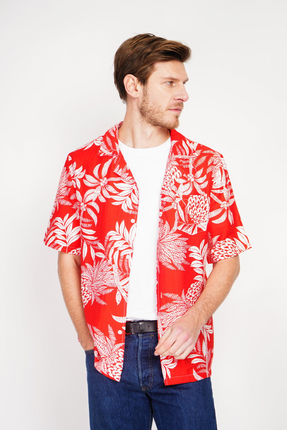 Chemise hawaïenne manches courtes boutonnée, poche poitrine – Rouge – Secret du Lin