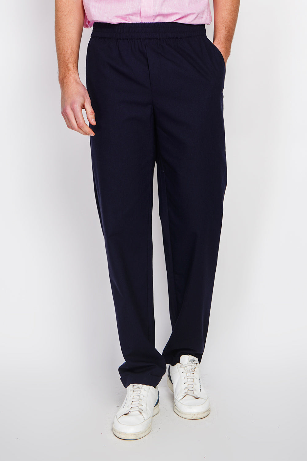 Semi-slim striped pants, Elasticated waistband, 2 side pockets on the front, 2 back pockets