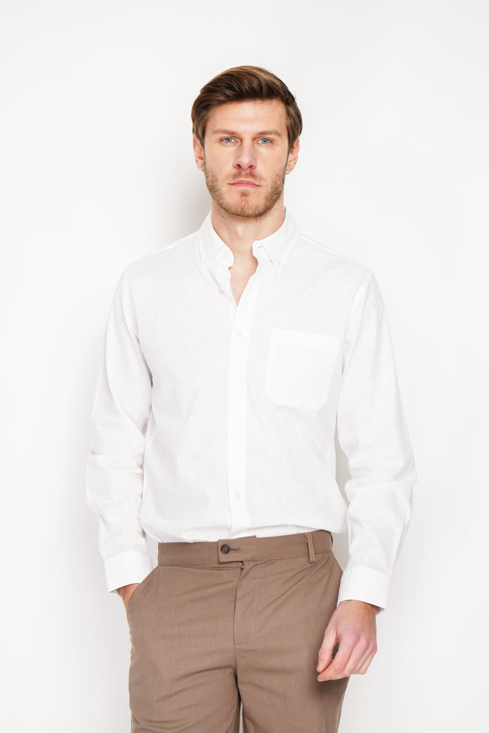 Chemise coupe droite à poche, col classique, poignets arrondis – Blanc – Secret du Lin