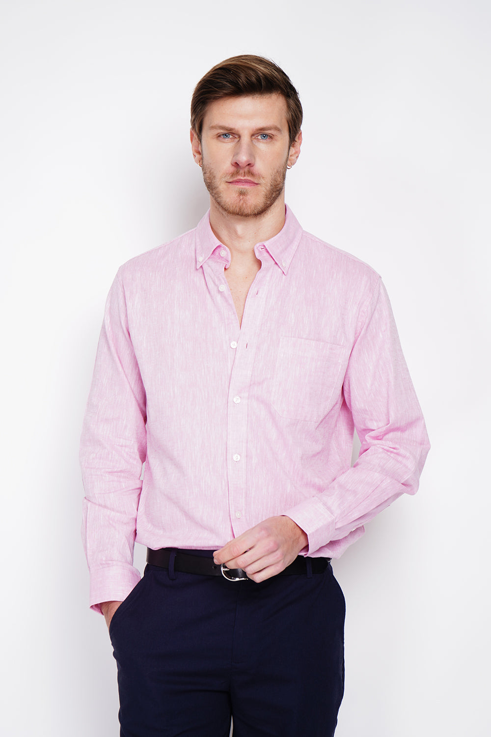 Chemise coupe droite à poche, col classique, poignets arrondis – Rose – Secret du Lin