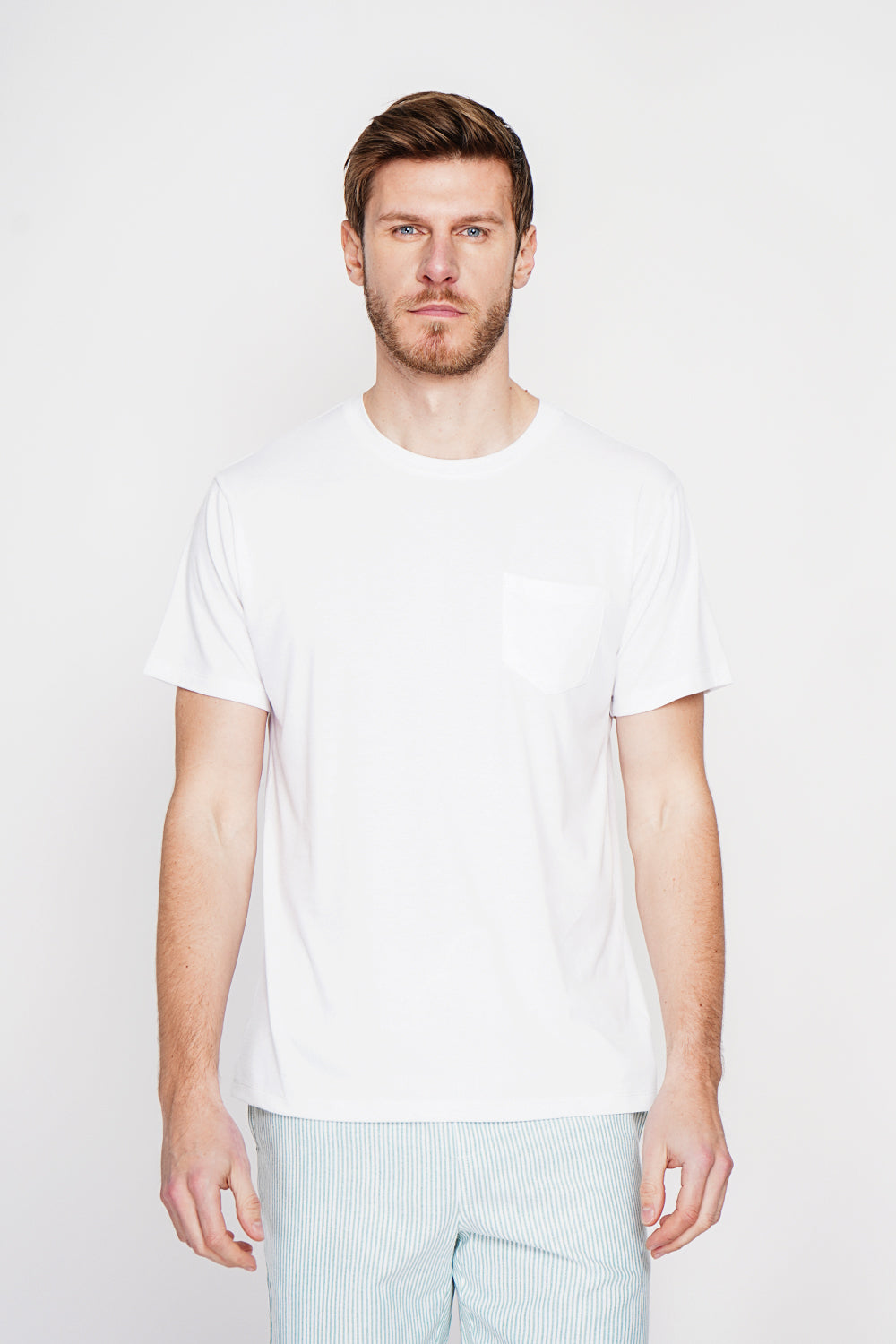 T-shirt col rond manches courtes, poche plaquée – Blanc – Secret du Lin