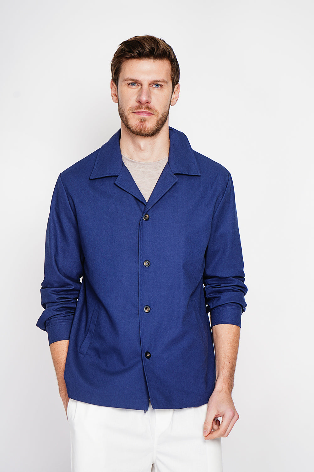 Classic collar jacket with buttoned front and side pockets – Navy – Secret du Lin