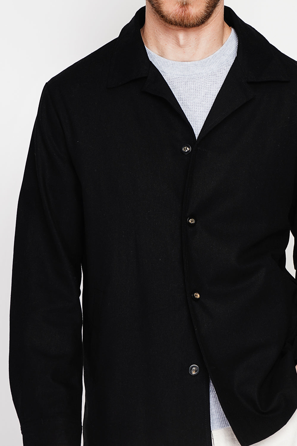 Classic collar jacket with buttoned front and side pockets – Black – Secret du Lin