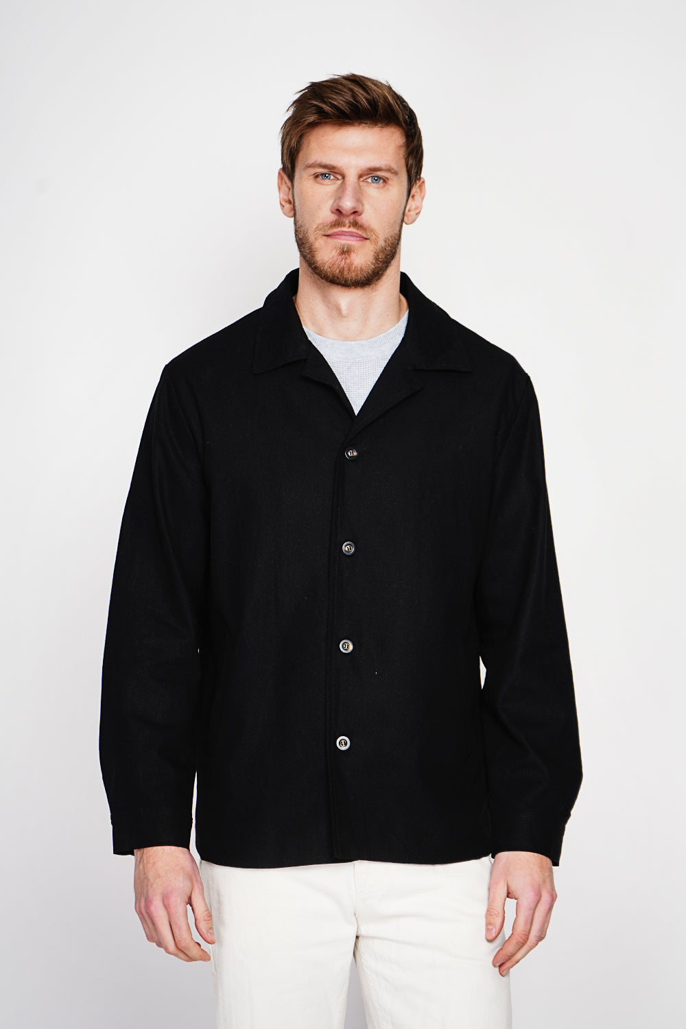 Classic collar jacket with buttoned front and side pockets – Black – Secret du Lin
