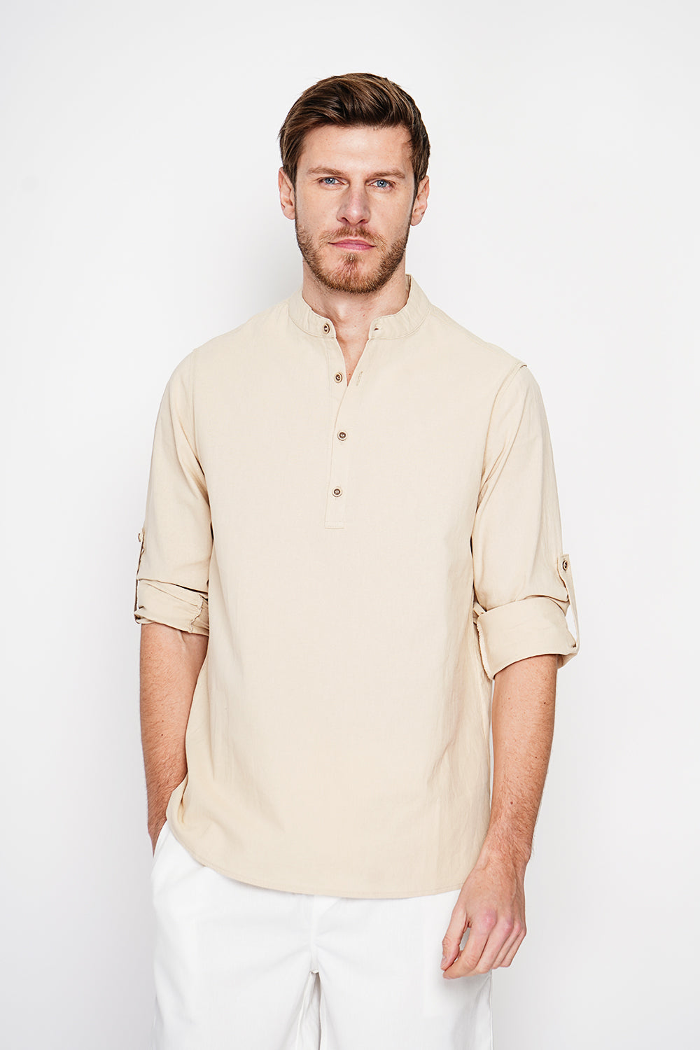 Chemise col officier boutonnée, manches longues – Lin – Secret du Lin