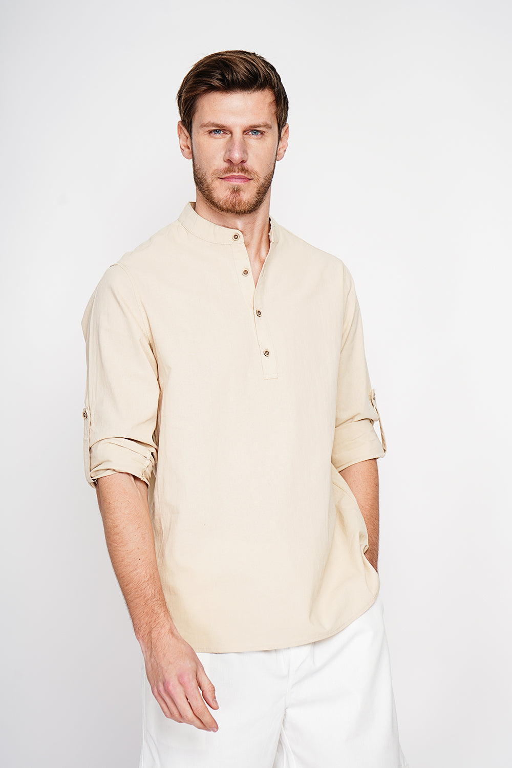 Chemise col officier boutonnée, manches longues – Lin – Secret du Lin